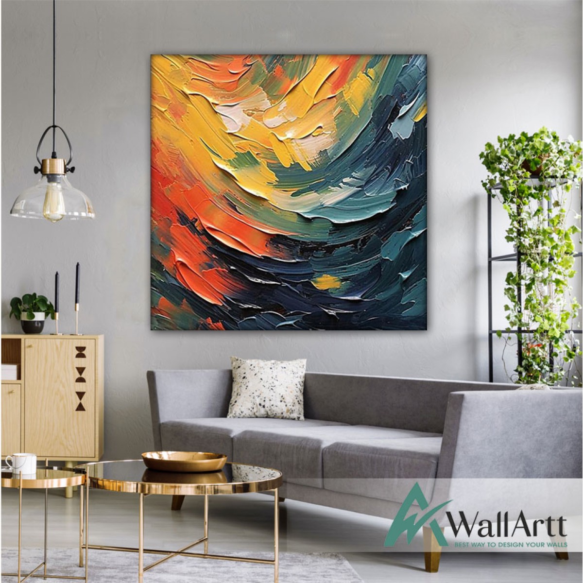 Abstract Orange n Navy 3D Heavy Textured Partial oil Painting